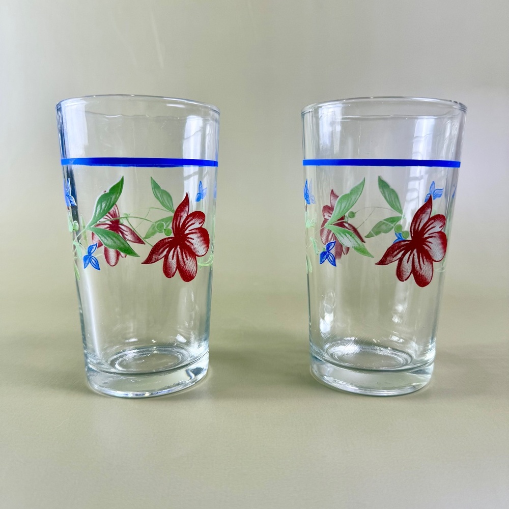 Set of 2 - Vintage KIG Indonesia Floral Highball Glasses – Blue Rim - Picture 3 of 12